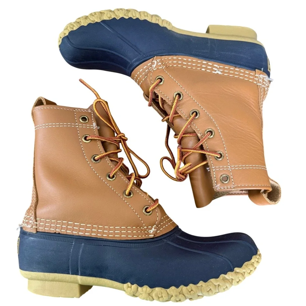 LL Bean Boots Tan Navy Blue‎ Leather Rubber Waterproof Duck Boots 6M Narrow USA